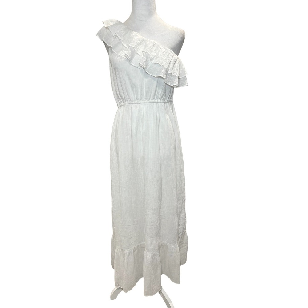 Boston Proper White One Shoulder Ruffle Midi Dress 12 Cotton Tiered - Picture 1 of 9